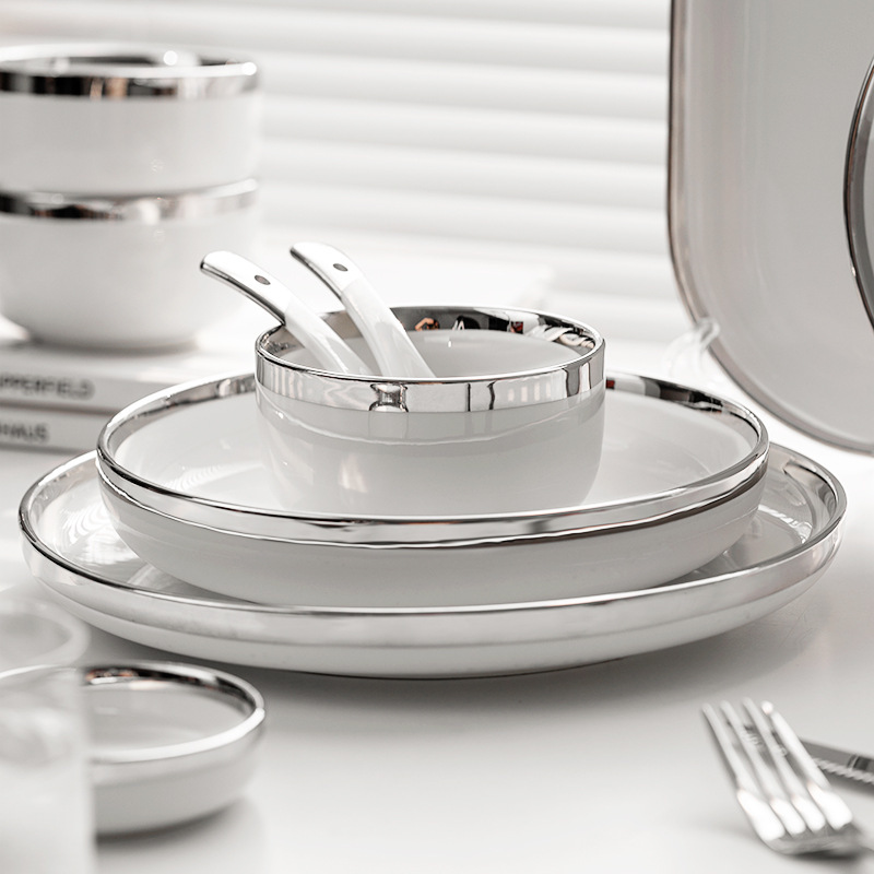 Ceramic tableware with gold and silver rims