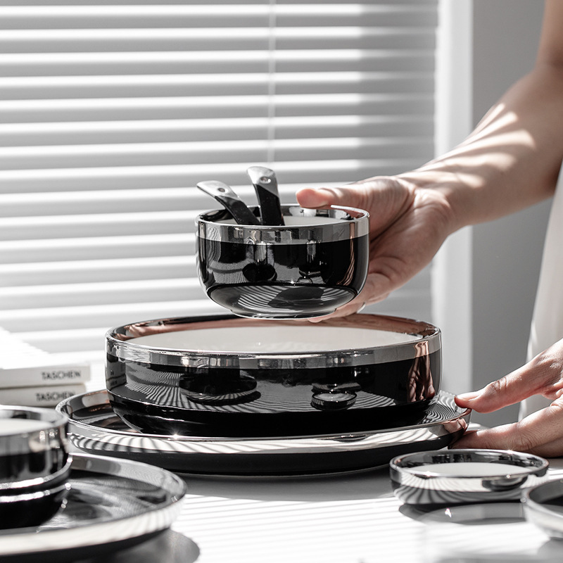 Ceramic tableware with gold and silver rims